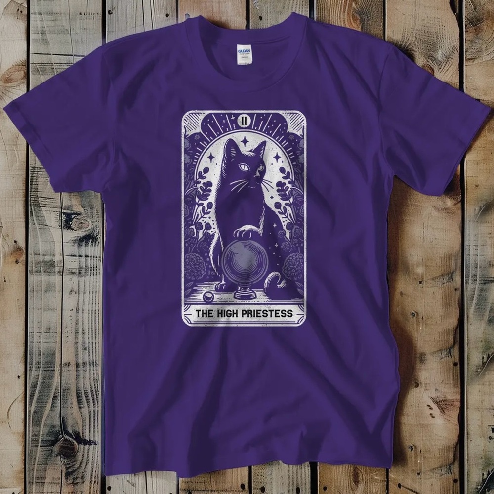 The High Priestess Cat Tarot Card Purple Unisex Graphic Tee